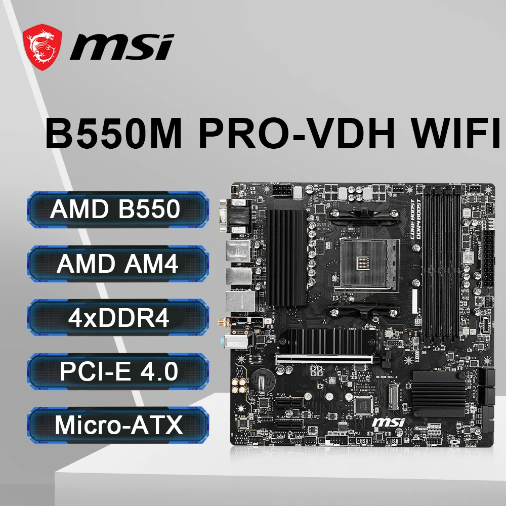 

MSI B550M PRO-VDH WIFI Motherboard Support Ryzen 5 5600 5600G R7 5700X3D CPU 4xDDR4 DIMM AMD B550 NVME M.2 Shield Frozr PCIe 4.0