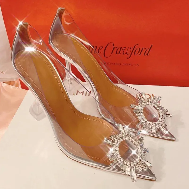 Scarpe da donna in PVC trasparente con girasole in cristallo stile stella décolleté con strass di lusso tacchi alti da sposa scarpe da donna estive