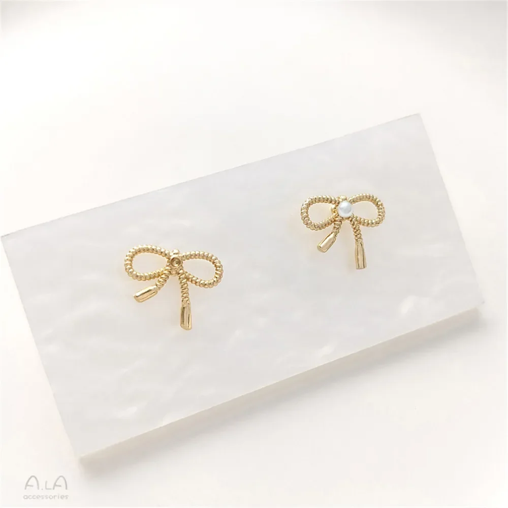 14K gold wrapped Fried Dough Twists bow beaded earrings 925 silver needle diy hand bonded pearl ear accessories