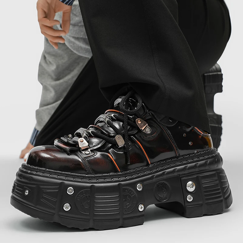 

Punk Style Women Black Shoes Rock Metal Decor Lace-up Heel Height Platform Shoes Gothic Man Sneakers Women Ankle Boots New