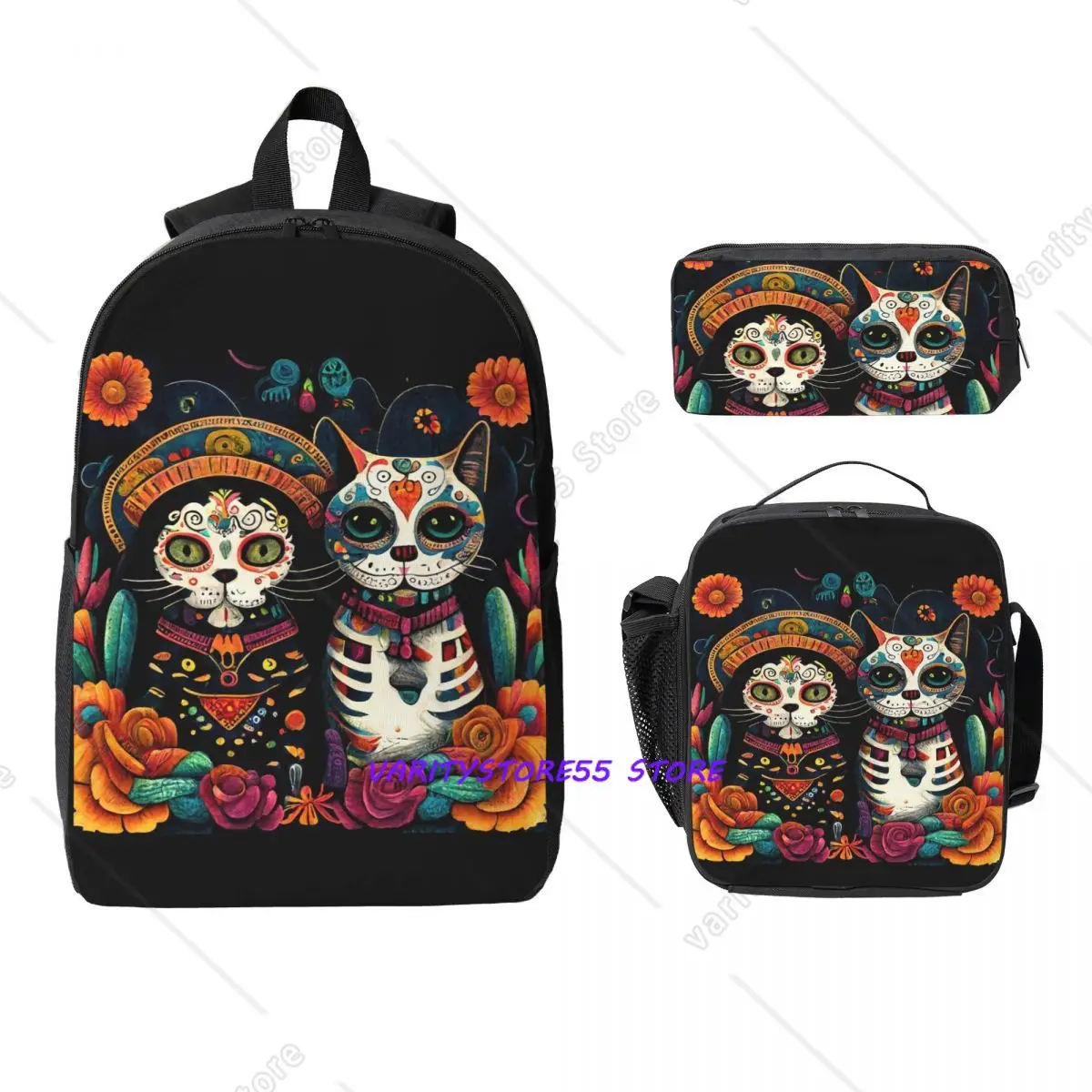 

Рюкзак «Кошки на День Сахарного Черепа» (Диа де лос Муертос) для мальчиков и девочек, школьная сумка, набор из 3 предметов: термосумка для обедов, пенал