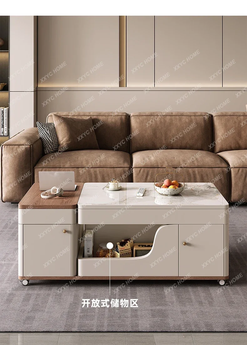 

Small apartment light luxury modern simple cream wind tea integrated rock slab lifting tea table