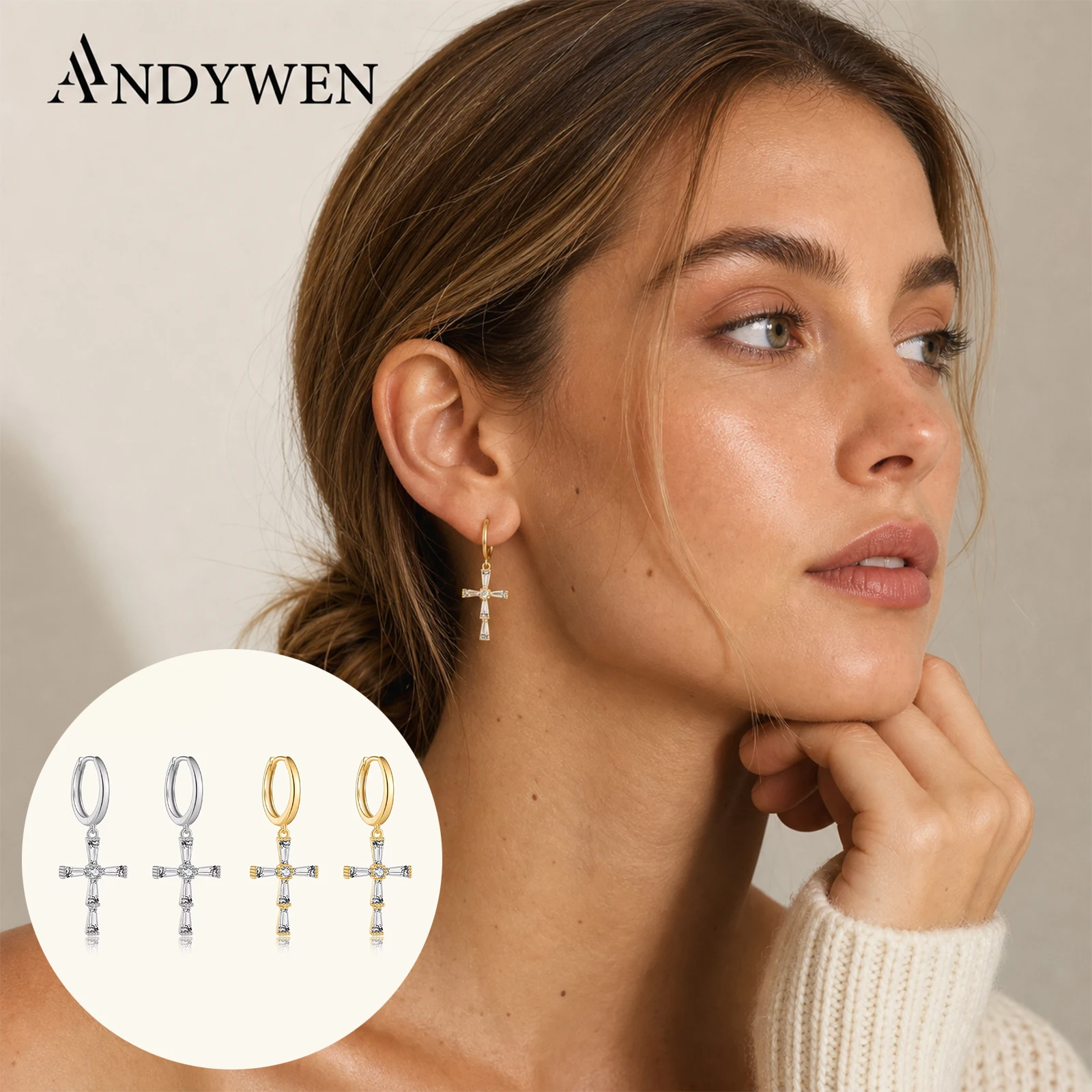ANDYWEN 925 Sterling Silver Gold CZ Zircon Cross Drop Earring 2026 Luxury Crystal Trapezoidal Ashlar Clips Pendiente Gift