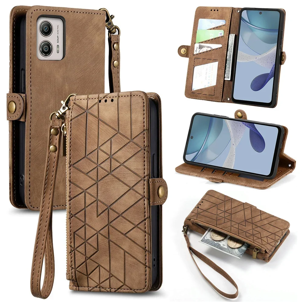 

For Motorola G85 G64 G34 G24 G04S Zipper Leather Wallet Case For Moto G54 Power G84 G04 G14 G73 G23 G13 G53 J G53Y Book Cover