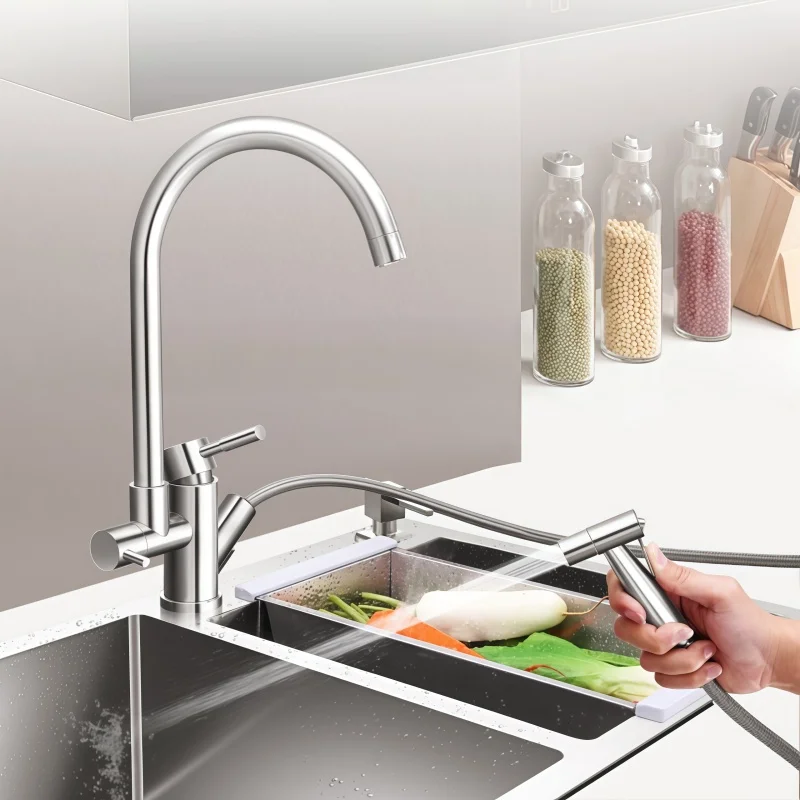 304 Kitchen Faucet Hot and Cold Sink Retractable Rotatable Stainless Steel Multifunctional Sink