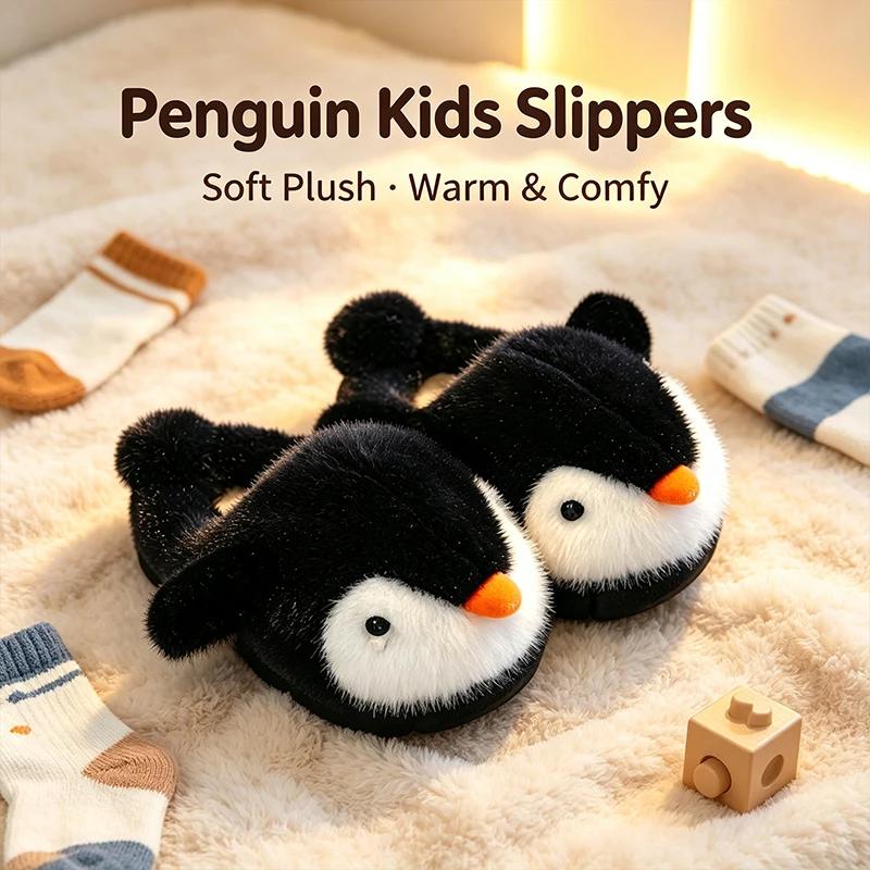 Kids Indoor Outdoor Slippers - Kışlık Çocuk Karikatür Penguen Peluş Terlik,