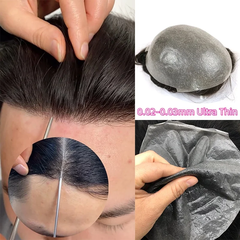 Men Toupee 80% Density 0.02mm Undetectable Ultra Thin Skin Human Hair System #1B Natural Hairline Men Hair Capillary Prosthesis