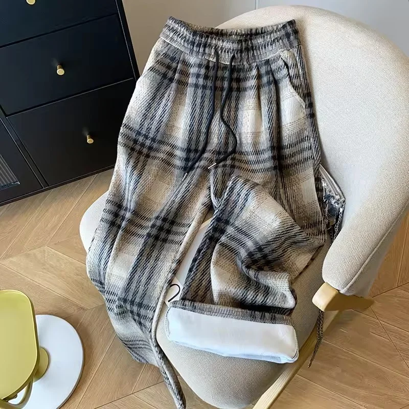 Plaid Wolle Breite Bein Hosen frauen Herbst Winter Plüsch Verdickt Gut Aussehende Casual Vielseitig Lose Elastische Taille Hosen Weibliche
