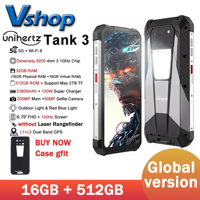 Unihertz Tank 3 Rugged Phone 16GB+512GB Night Vision 200MP 23800mAh 120W Android 13 5G Unihertz 8849 Tank 3 Smartphone