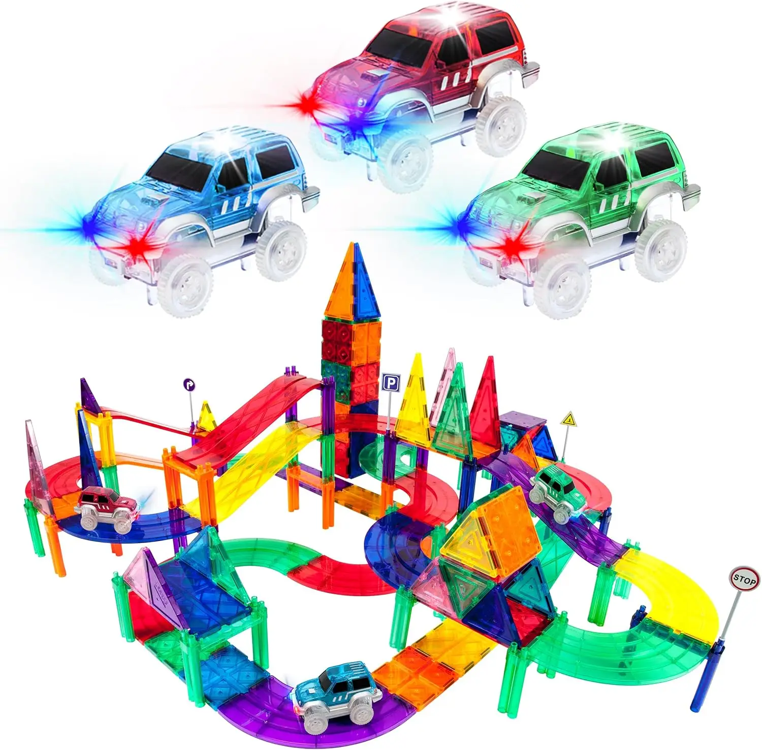 128 Stück magnetische Rennwagen-Schiene + 3 LED-beleuchtete LKW-Autos + 6 Stück Erweiterungsrampen-Fliesen Mega-Bundle: STEAM Learning, Enhance Constr