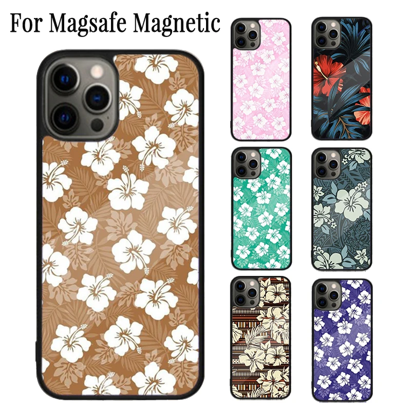 Hibiscus Retro Hawaiian Flower Magnetic Phone Case Coque For iPhone 16 15 14 Plus 13 12 11 Pro Max Magsafe Wireless Cover