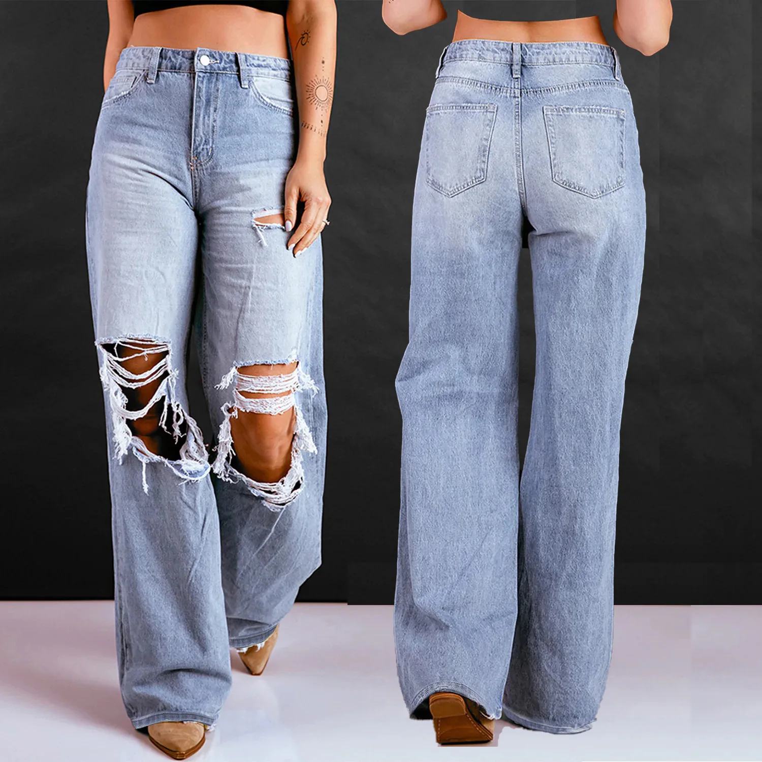

Loose High Waist Wide Leg Denim Jeans Women's Vintage Style Loose Fit Trousers High Waist Blue Denim Casual Straight Leg Jeans