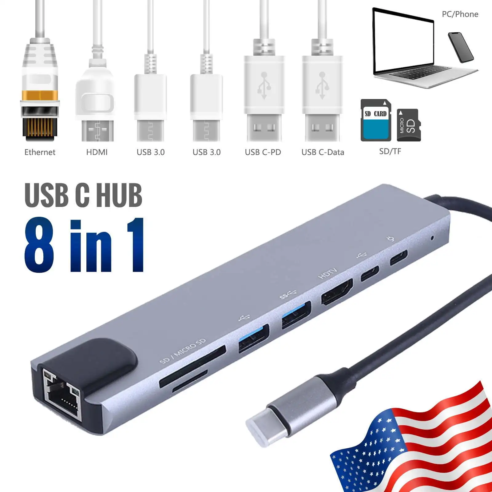 Type C To USB 3.0 4K Adapter 8 in 1 Multiport USB-C Hub For Macbook Pro/Air US