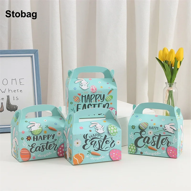 

StoBag 12/24pcs Happy Easter Cartoon Kraft paper Gift Box Rabbit Children Kids Packaging Cake Candy Storage Pouch Party Favor