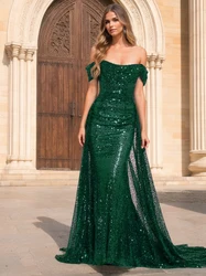 Off Shoulder Dazzling Sequin Fitted Bodice Evening Night Dress with Detachable Skirts Floor Length Party Dress