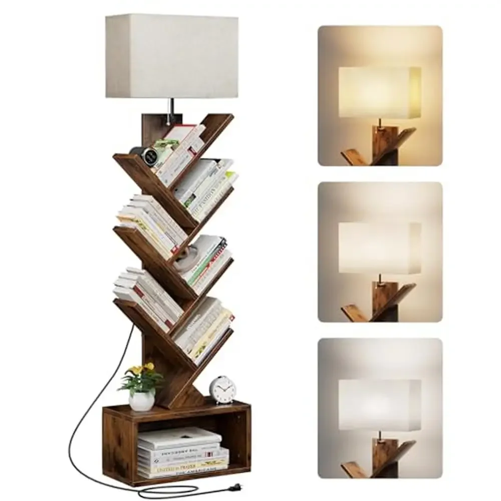 6 Tier Tree Bookshelf with Adjustable Lamp Compact Book Organizer Storage Cabinet Rustic Design Living Room Bedroom Home Office