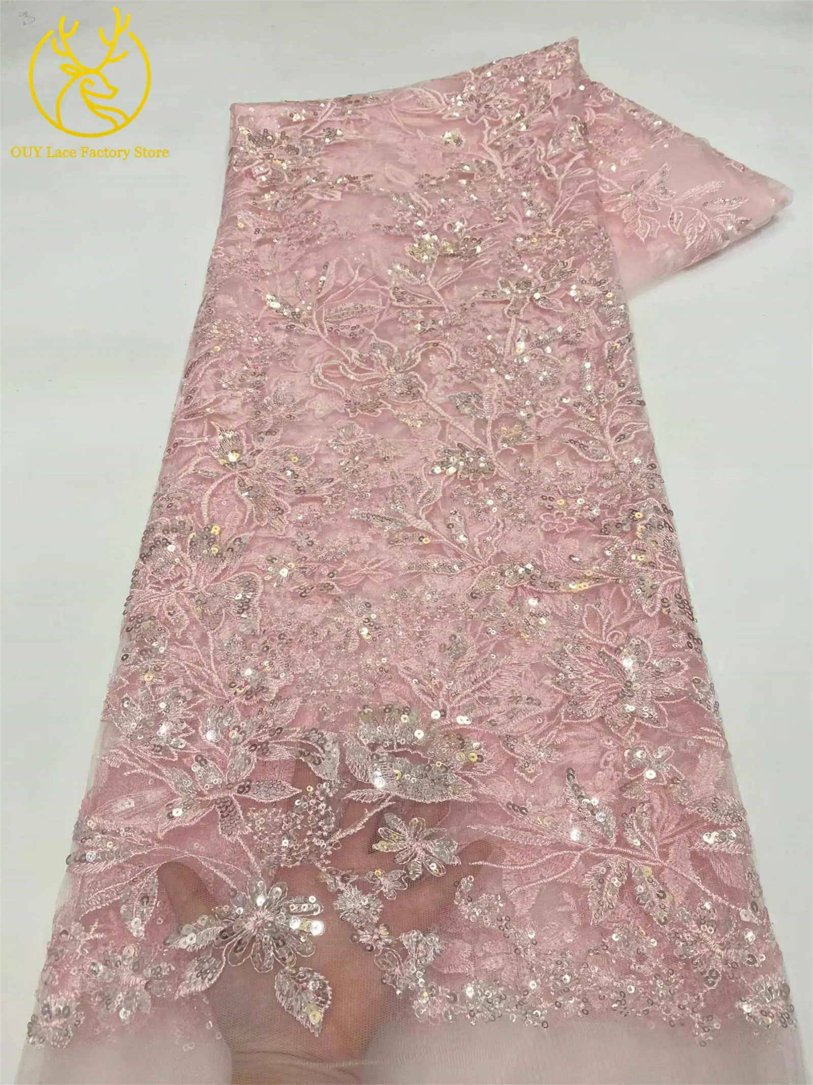 Goldener Luxus-Tüllstoff mit französischer Stickerei und Pailletten, afrikanischer Pailletten-Mesh-Tüllstoff zum Nähen von Hochzeits- und Abendkleidern – Detail 20