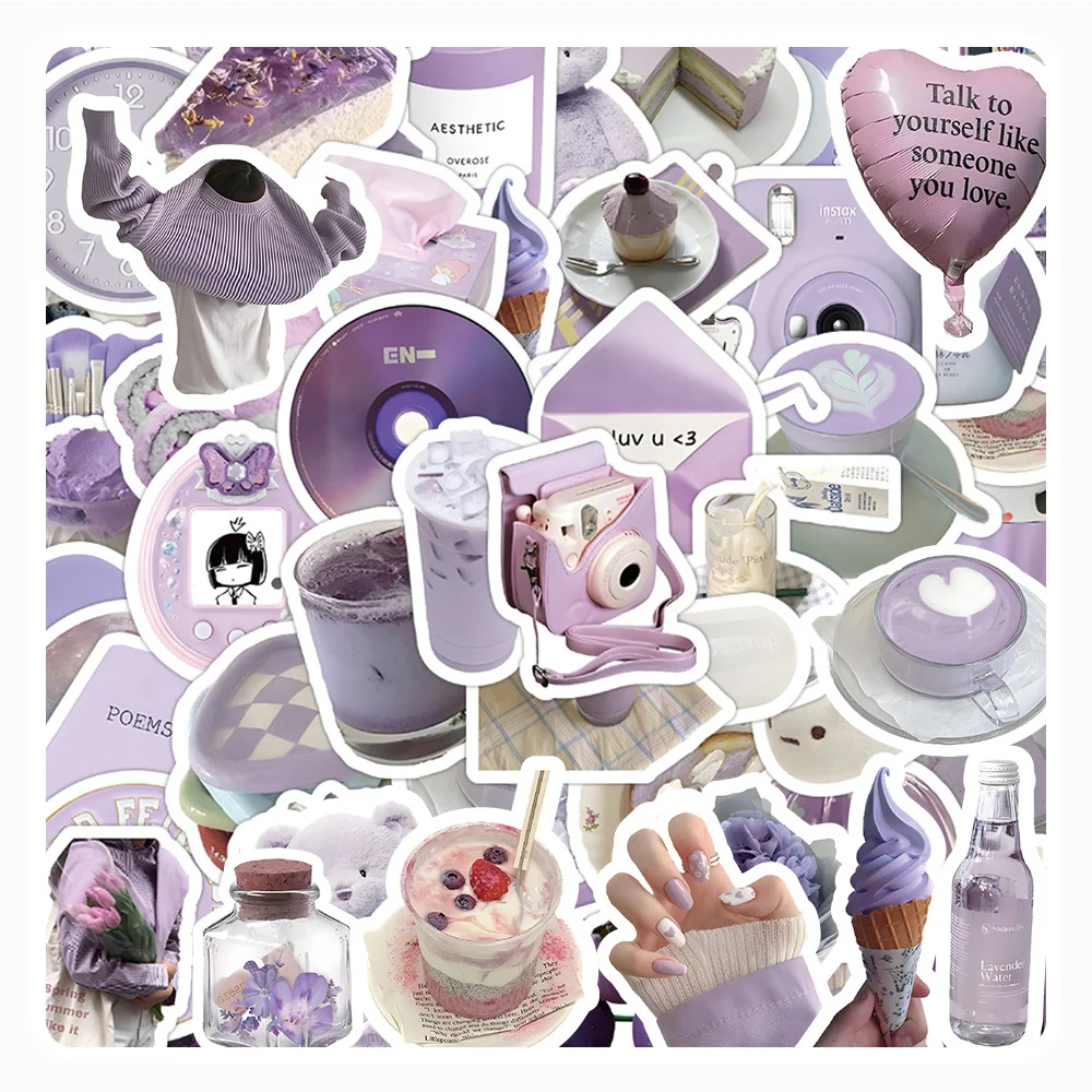 10/30/50 Stuks Ins Stijl Paarse Cartoon Stickers Esthetische Kawaii Meisjes Decoratie Stickers Waterdichte Minimalistische Kunstzinnige Sticker Packs