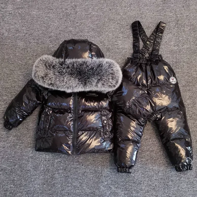 New Winter Thicker Children Down Jacket Overall Suit Big Real Fur Collar Kids Ski Suit Boys Girls Warm Jacket Silver