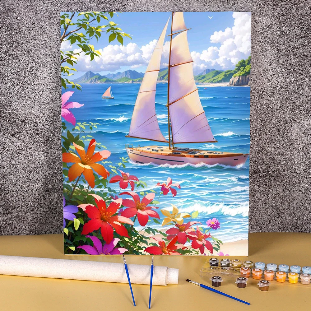 Acrylic Painting By Numbers For Adults Seaside Sailboat Wall Art Picture Kids Paint With Numbers Diy Gift Home Decor Living Room