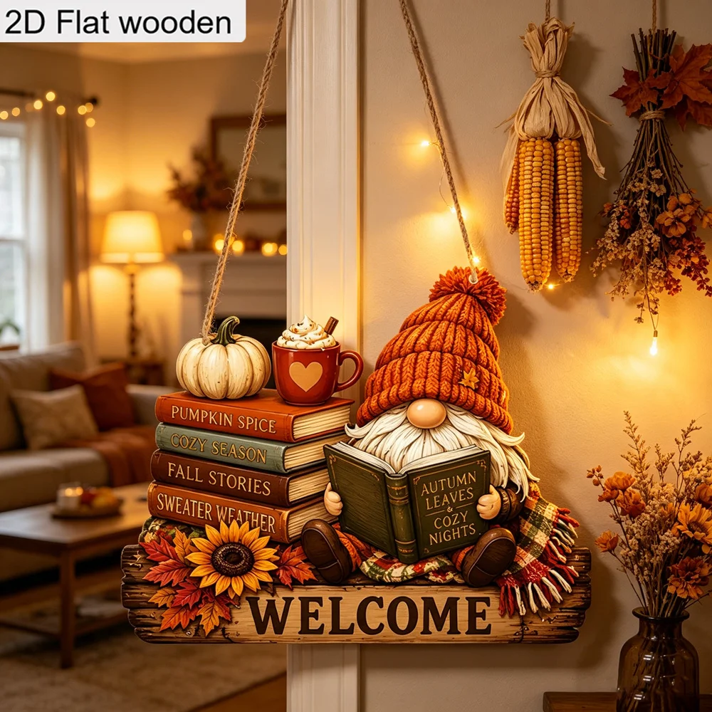 2D Flache Herbst-Zwerg-Willkommens-Holztafel Kürbis Buch Kaffee Herbst Bauernhaus Thanksgiving Haustür Wanddekoration – Detail 5