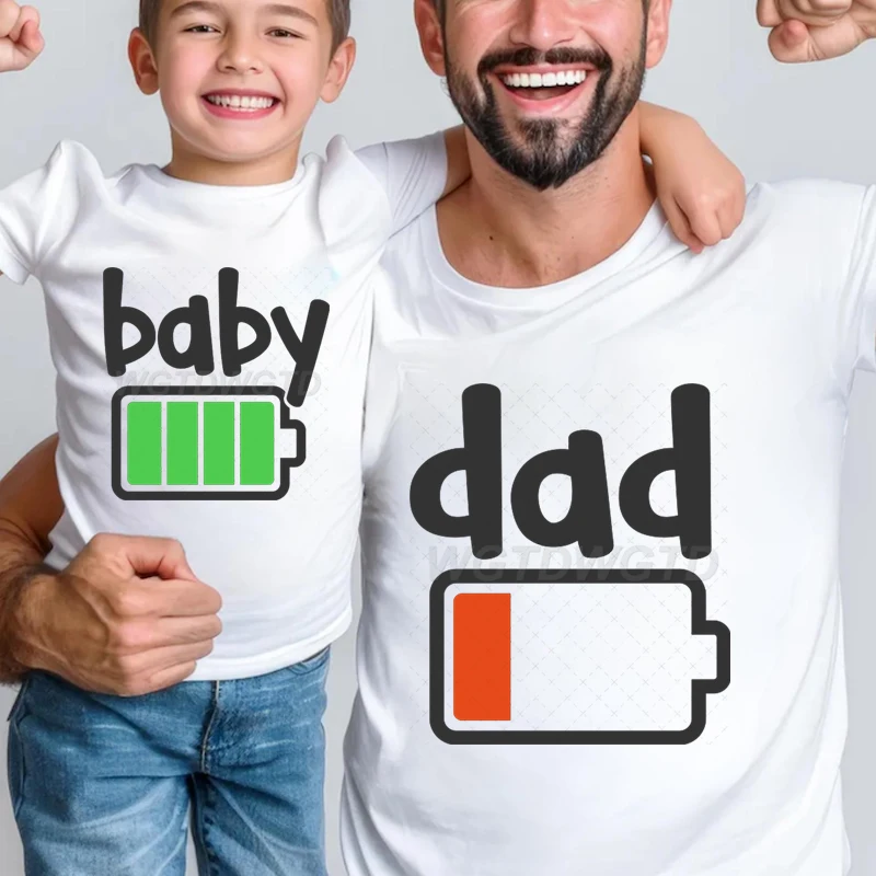 Funny Dad and Son Matching Shirts for Father's Day Family Battery Matching Shirt Father Daughter Matching Tee Clothes Kids Tops
