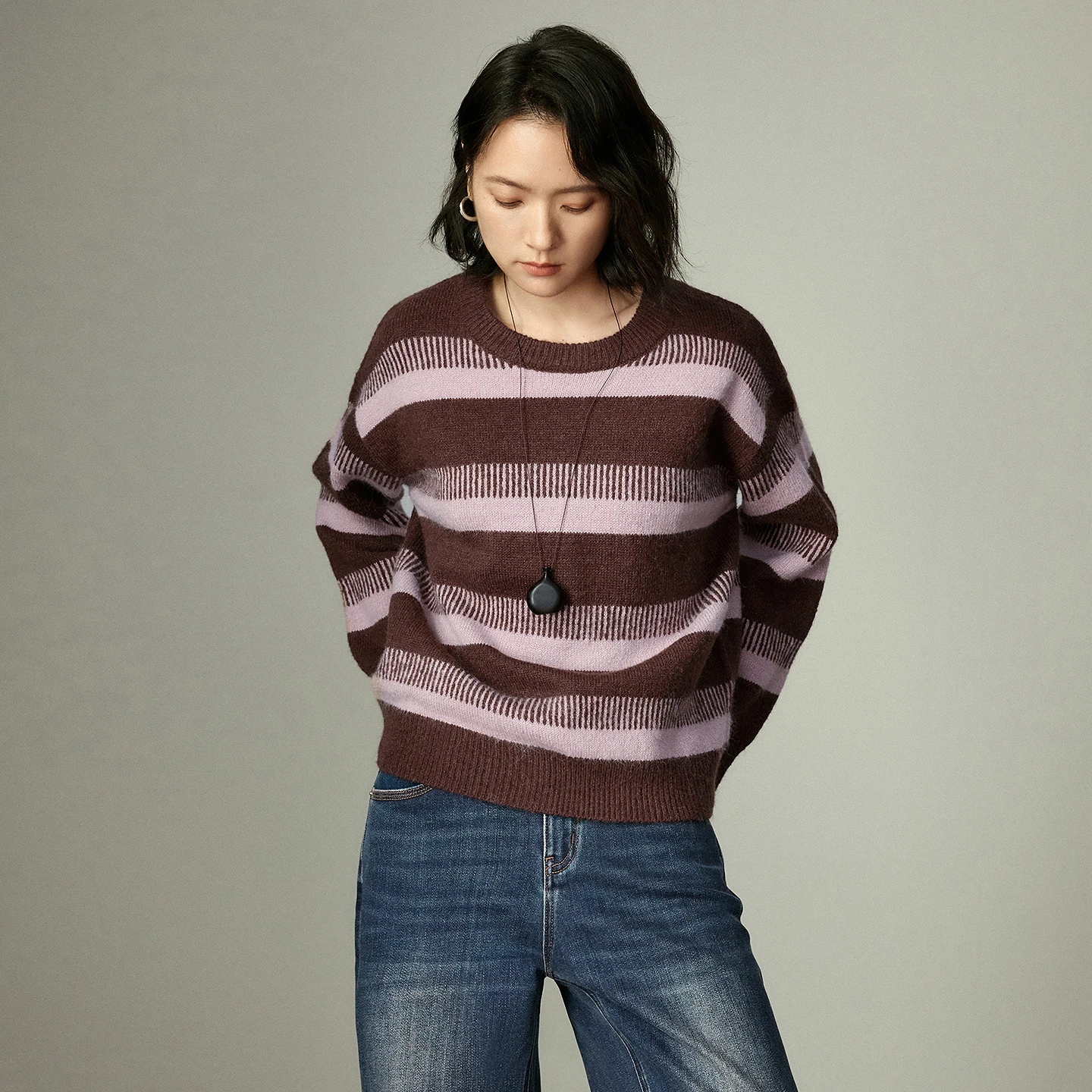 TOYOUTH Wool-blend Sweater for Women 2025 Winter New Crew Neck Loose Cannelés Stripe Soft Warm Top