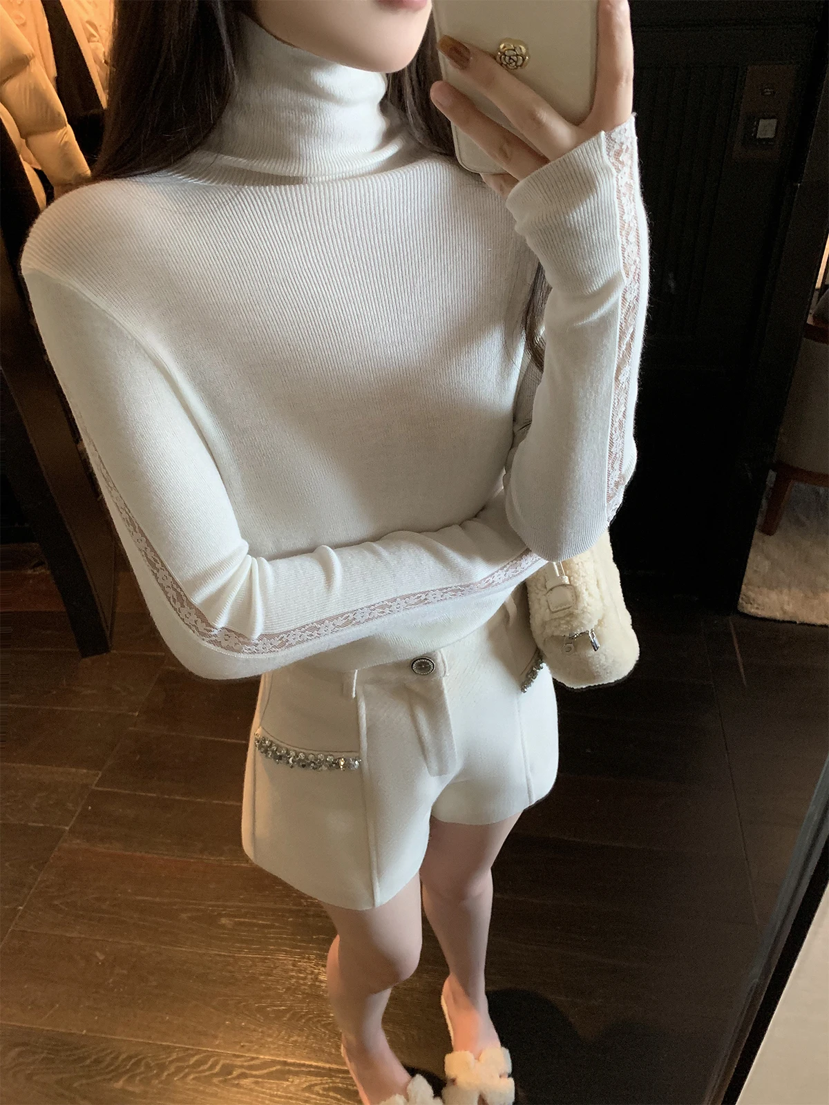 

Вязаный шерстяной топ Cchen Chencheng Sweet Sle с кружевными вставками и вырезами, женский, приталенный, с длинными рукавами, из овечьей шерсти