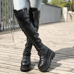 Stivali grossi con lacci alti al ginocchio da donna stivali con tacco a zeppa con punta tonda scarpe stile Punk calzature da donna