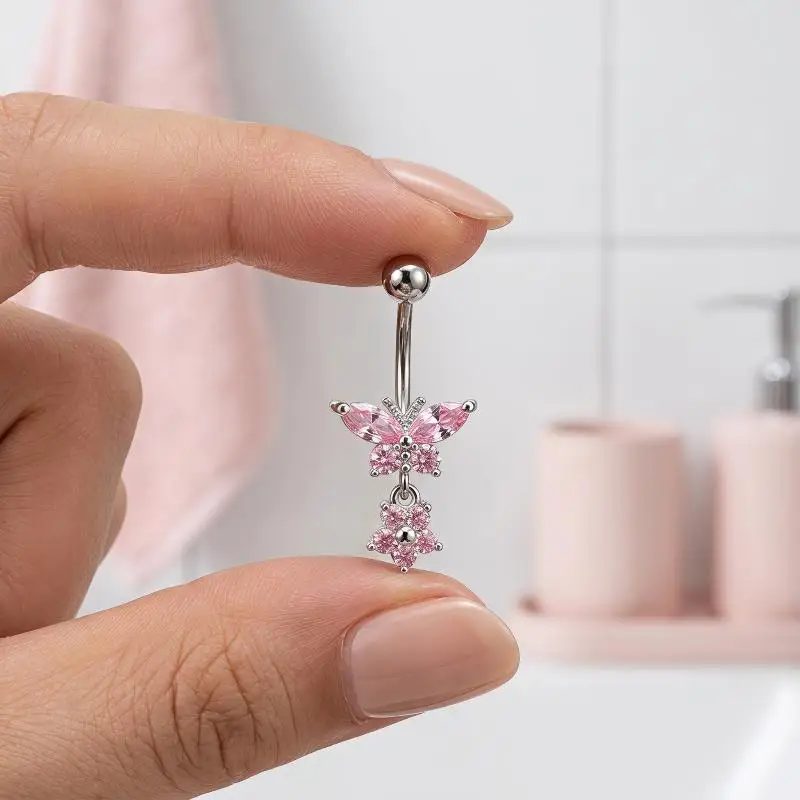Stainless Steel Pink Heart Butterfly Long Pendant Belly Piercing 1Pcs Hypoallergenic for Girls Summer Beach Party Wear