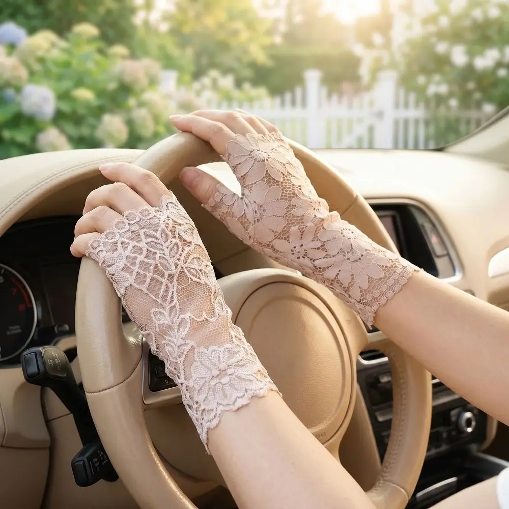 Flower Pattern Lace Sunscreen Gloves Thin Fabric Breathable Mesh Fingerless Gloves Elastic Cuff Exposed Finge