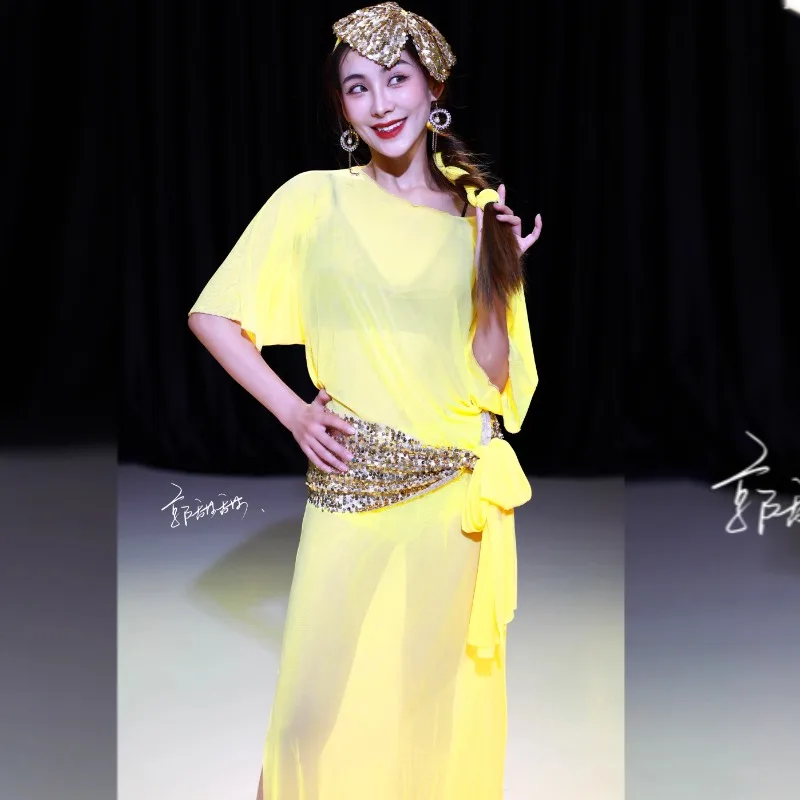 

Customized Belly Dance Clothes Yellow Robe Folk Bow Eastern Dance Performance Costumes Team Dress Bow Headband Accessories