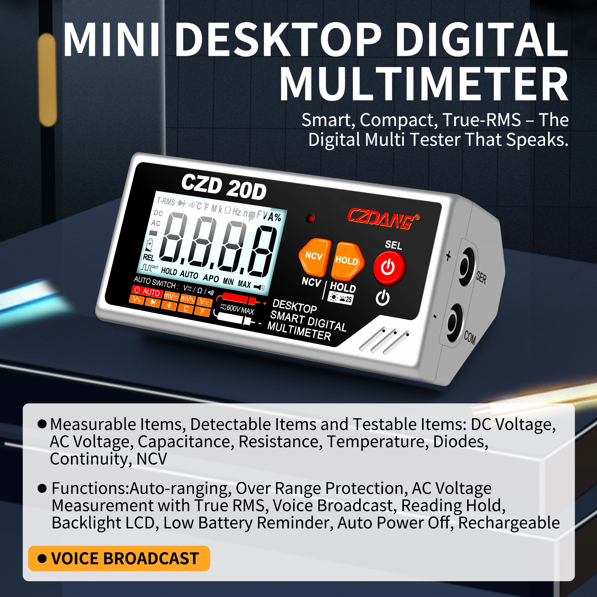 Auto-ranging with 6000 Counts Mini Desktop T-RMS Digital Multi Meter Tester Multimeter for DIY Home Troubleshooting Repairing