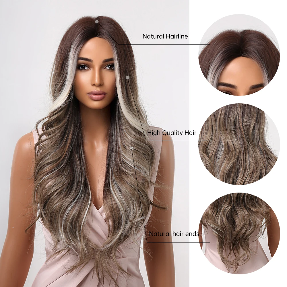 GEMMA شقراء تسليط الضوء على شعر مستعار بني الاصطناعية طويلة متموجة الباروكات للنساء المظهر الطبيعي شعر مستعار تأثيري حزب الباروكات مقاومة للحرارة #5
