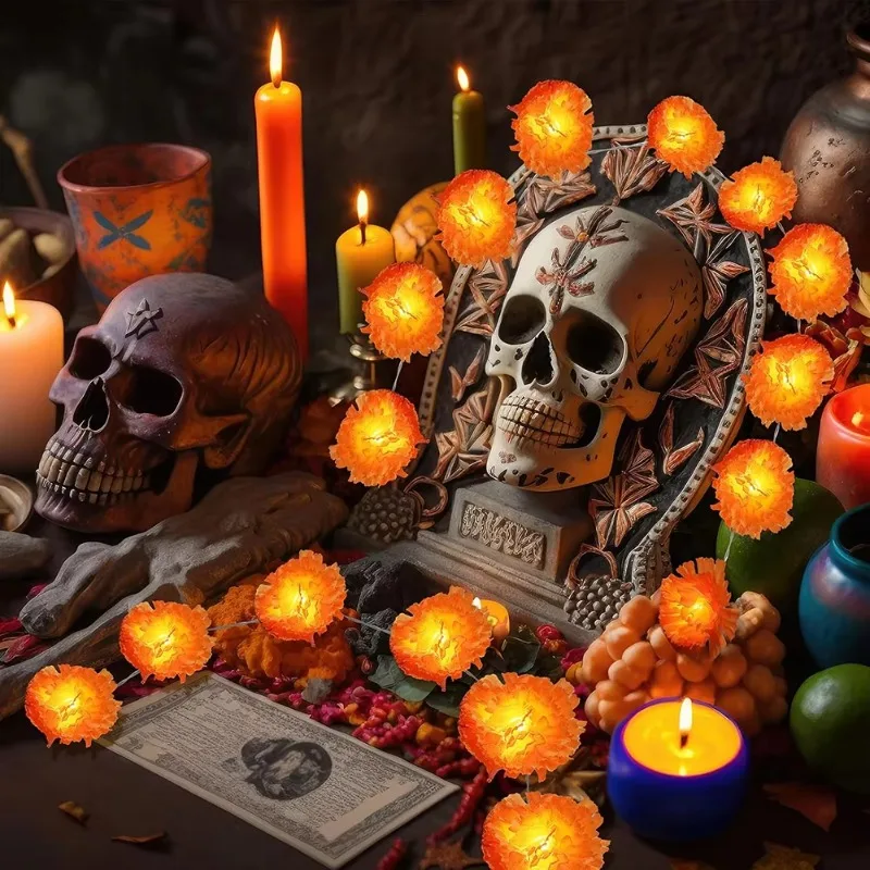 Waterproof Warm Glow Artificial Marigold Garland 10LED String Lights for Halloween Day of the Dead Party Outdoor Home Yard Patio