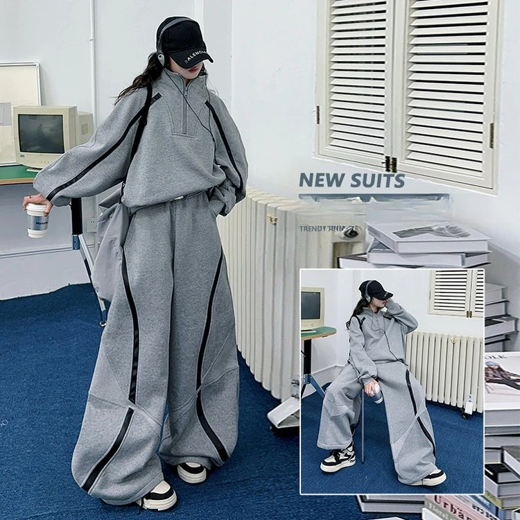 autumn teen girls sport clothes set Half Zipper Hoodie+casual Wide leg pants 2pcs Fashion Children Clothing kids outfits suit 14