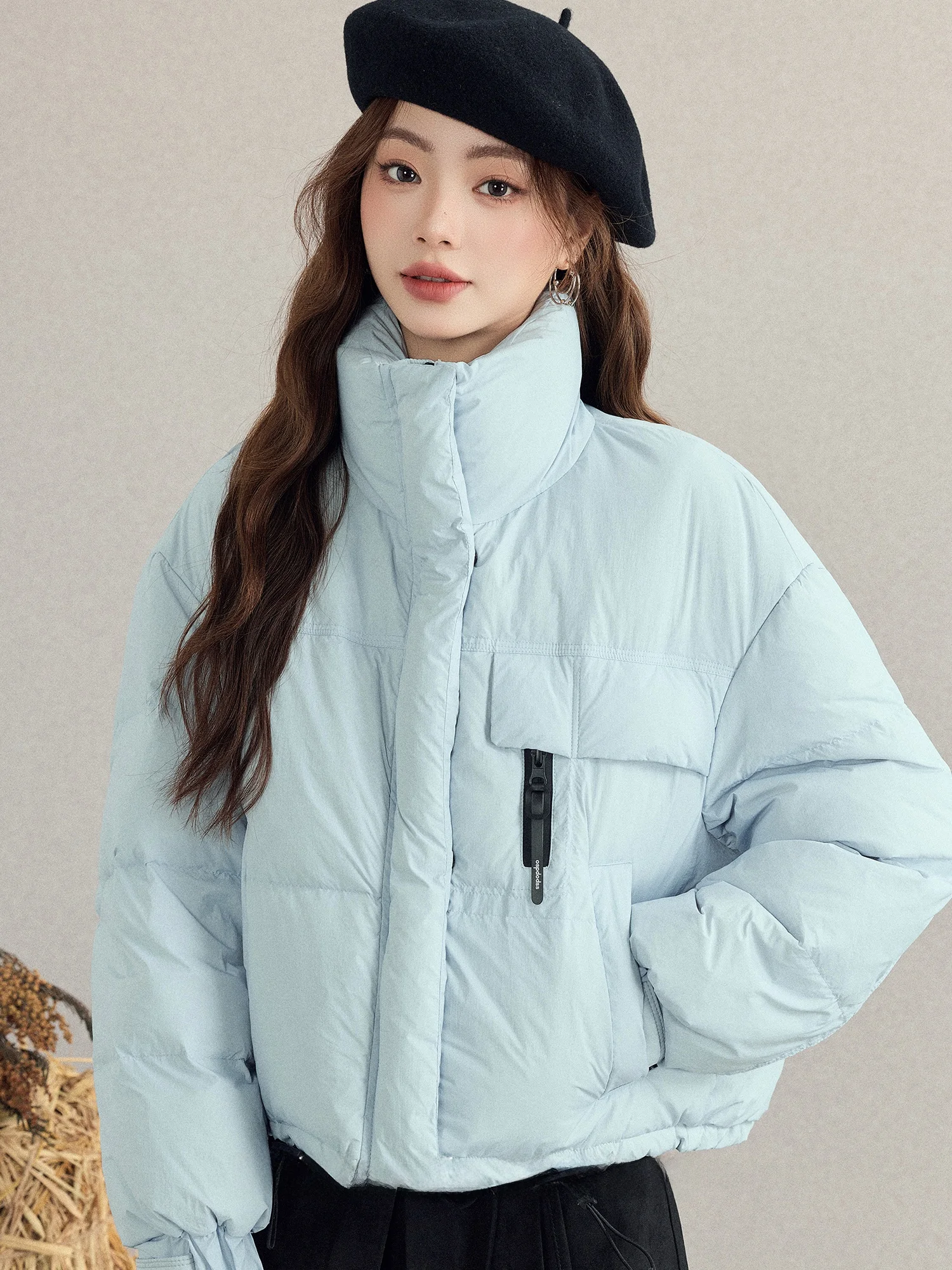 

Warmth Sli ort Bread Sle Jaet Blue Stand Collar Women's Outerwear mat Design Stand Fit Fall Winter Trend