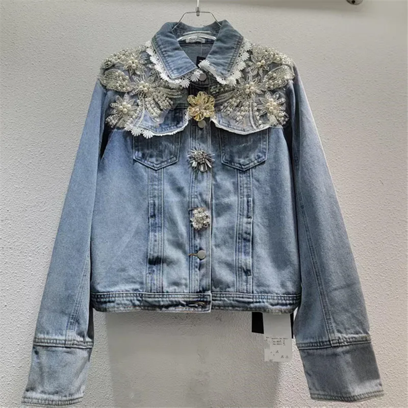 WTHT 2026 Spring New Women's Heavy Industry Lace Pearl Decoration Denim Jacket Fashion Lapel Long Sleeves Coat Female 1LS2937