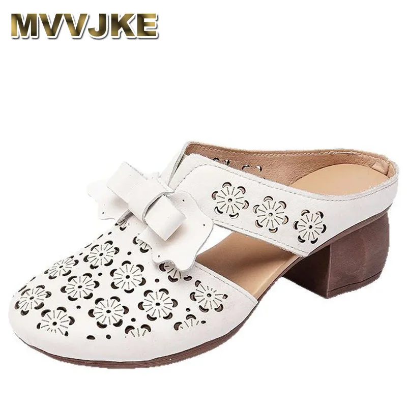 

New Fashion Women Wearing Outside Slipper Summer Cowhide Hollow Round Toe Bowknot Mid Heel Sandals Trendy Slippers