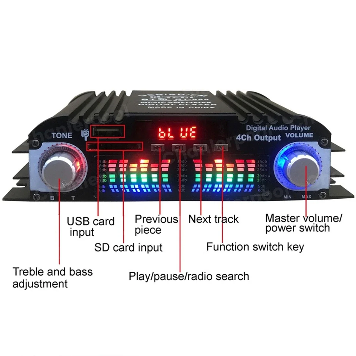 HiFi Sound Amplifier Digital 4 Channel Audio Amplifier 1600W Peak Power Bluetooth Karaoke Player FM Radio Support Remote Control