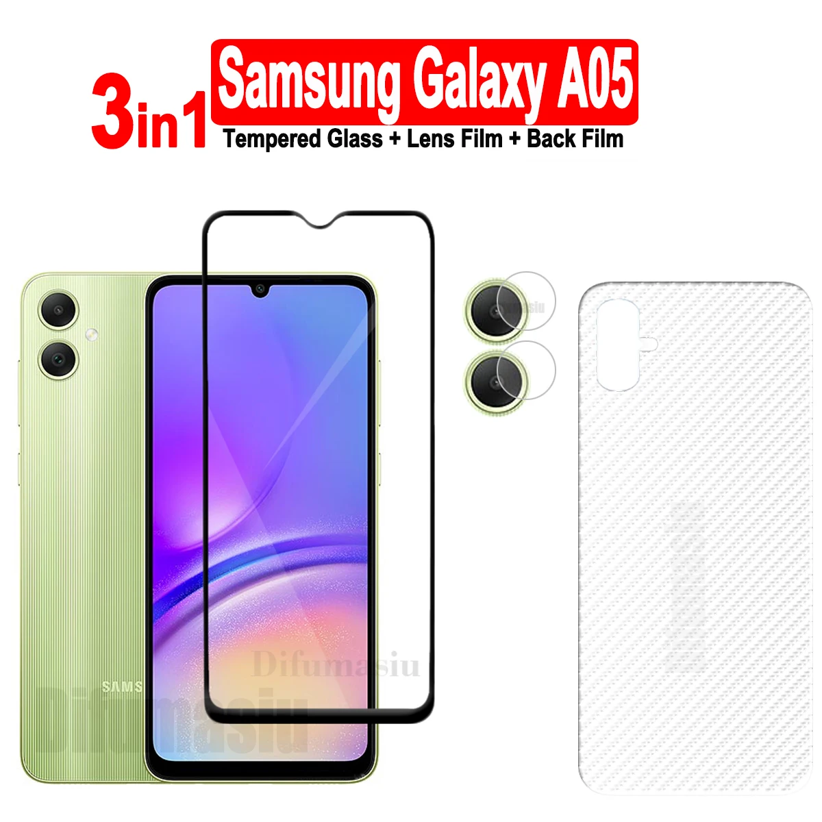 

3in1 For Samsung Galaxy A05 Tempered Glass Screen Protectors + Soft Back Film + Soft Camera Lens Film