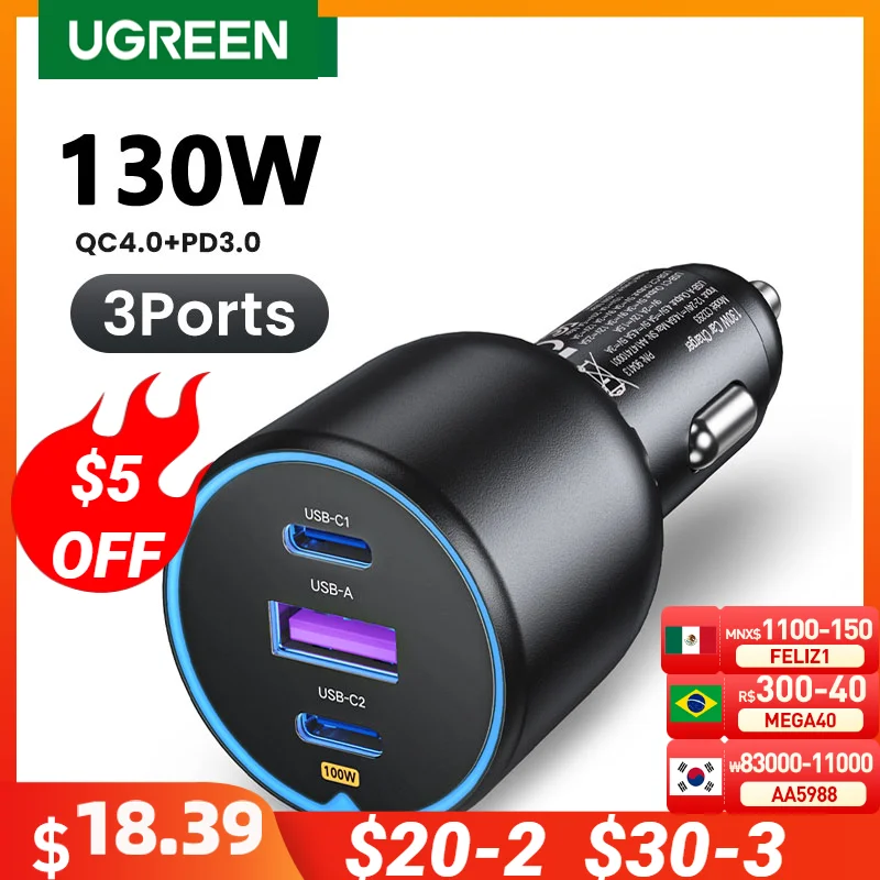 Ugreen-cargador de coche de 130W, dispositivo de carga rápida 4,0 3,0 PD, USB tipo C, para iPhone 15, 14, 13 Pro, portátil y tableta