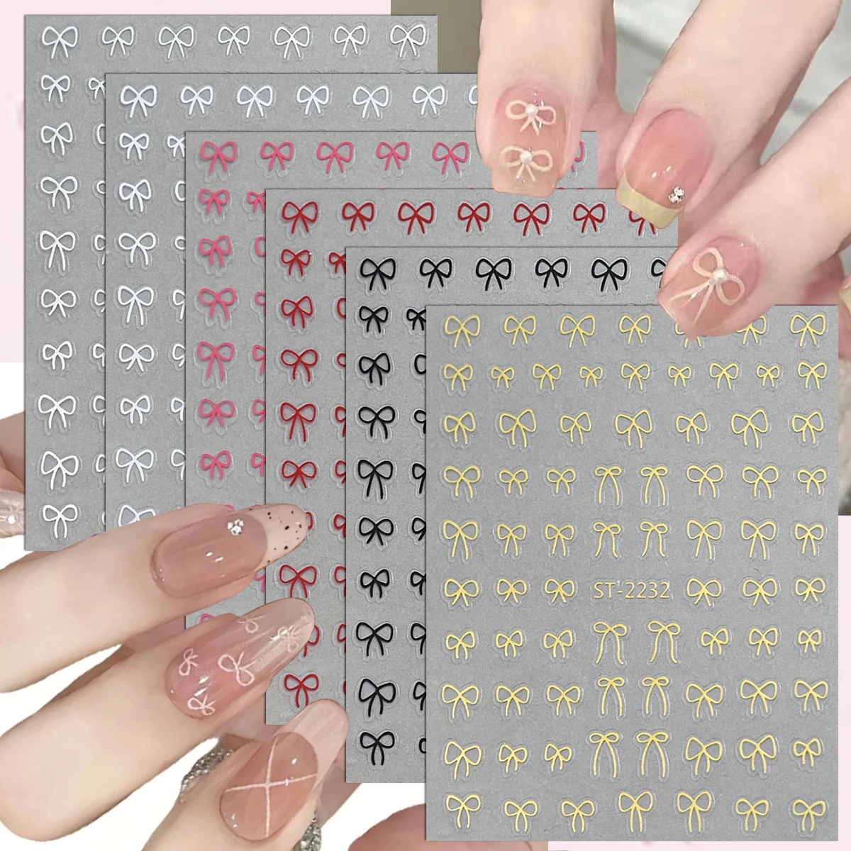 2/3/6/12/18/24 Blatt 3D Schleifen-Nagelaufkleber Selbstklebende Band-Schleifen-Nagelsticker Niedliche Schwarze Weiße Rosa Rote Goldene Nagelkunst