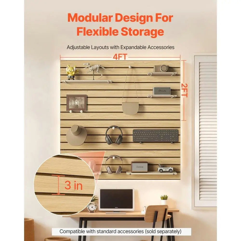 4x4フィート スラットウォールパネル MDF ナチュラル モジュラーデザイン ガレージ収納整理システム