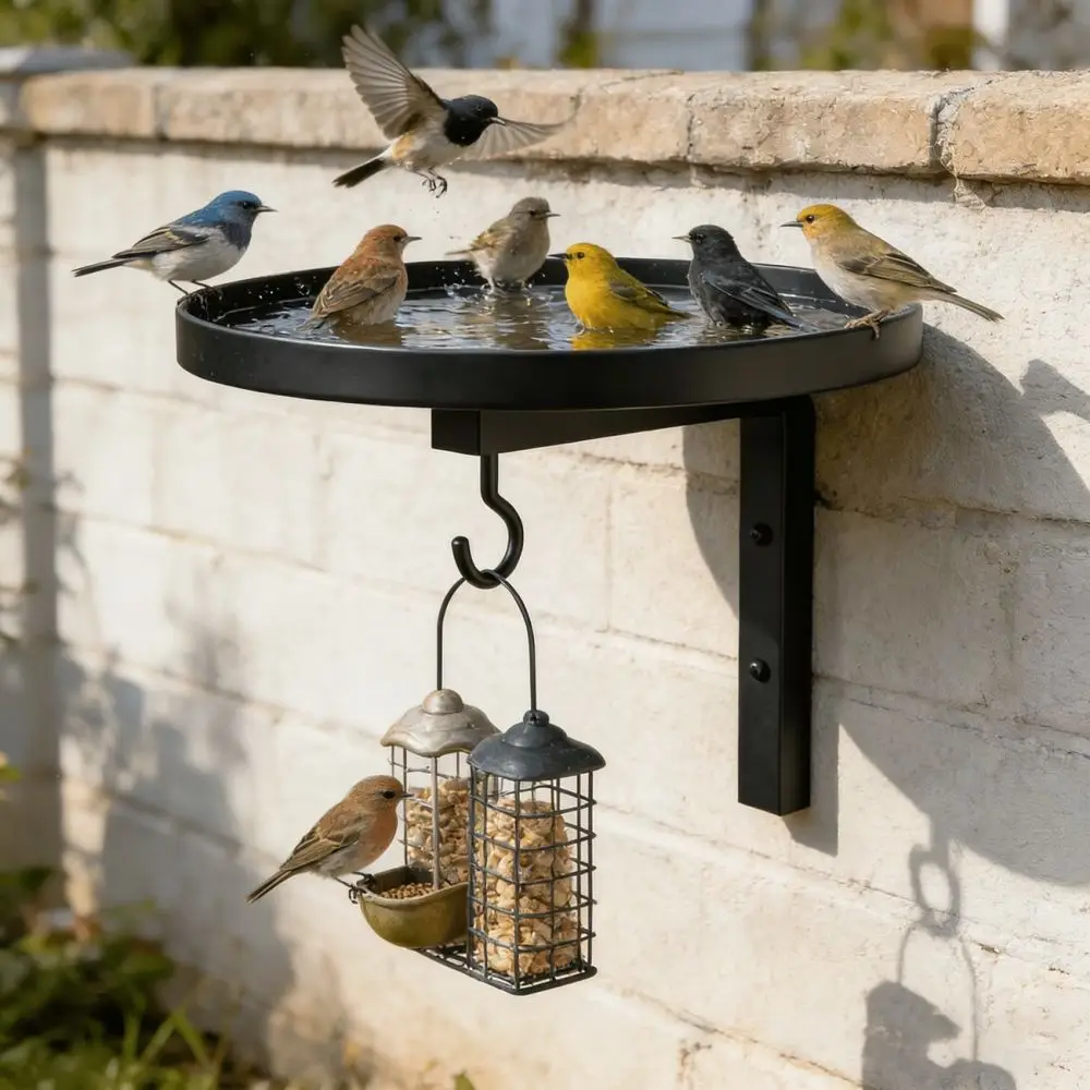 Geometric Metal Bird Bath Feeder Outdoor Wall Hanging Basin Yard Garden Ornament Rustic Style Wildlife Water Feeding