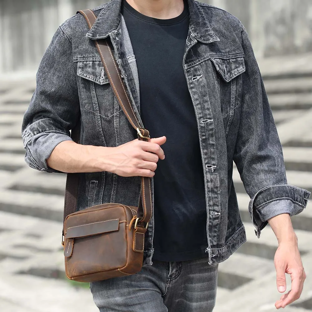 S.WORKER Vintage-Umhängetasche aus Vollnarbenleder, Herren-Schultertasche, Mini-Handy- und Schlüsseltasche – Detail 5