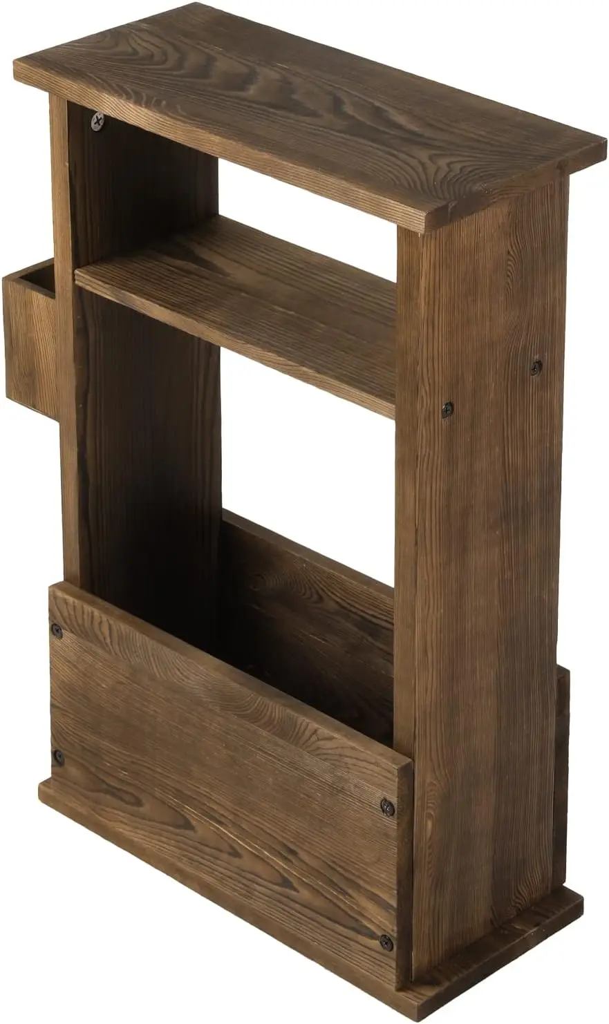 

24 Inch Tall Rustic Burnt Wood End Table with Remote Control Holder, Storage Shelf, and Magazine Rack, Wooden Narrow Liv