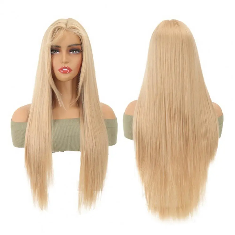 

28-дюймовый женский длинный прямой светлый парик, средняя часть, естественный вид, шелковистый, термостойкий, пушистый, кружевной спереди для девочек, большая волна