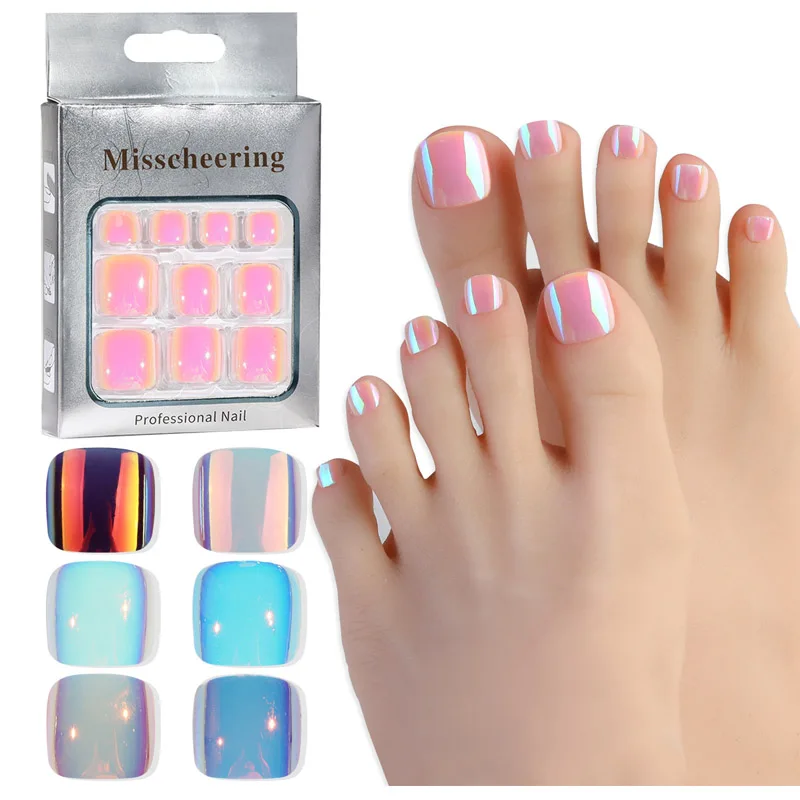 

24pcs Electroplated Aurora Cat Eye Full Cover Natural Artificial Fake Toenail Acrylic Foot Nail False Toe Nails