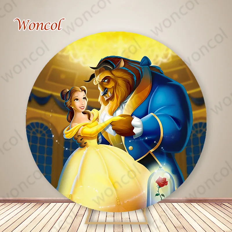 Disney Belle Princess Round Cover Girl Birthday Baby Shower Backdrop Beauty And The Beast Circle Cylinder Cover Photocall Props